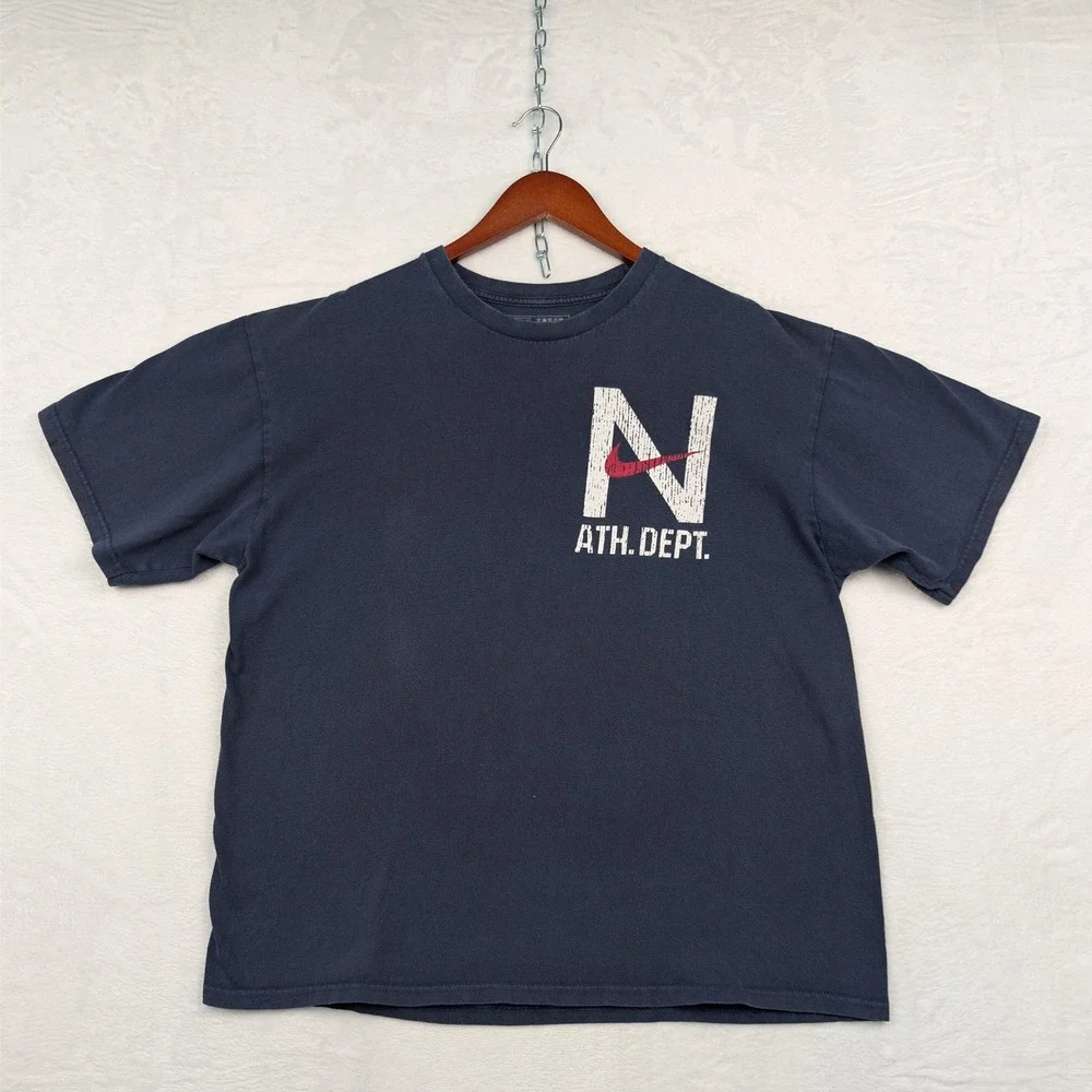 VTG Nike T-Shirt Men's L Navy Faded Blue Ath Dept Graphic Swoosh Streetwear Y2K